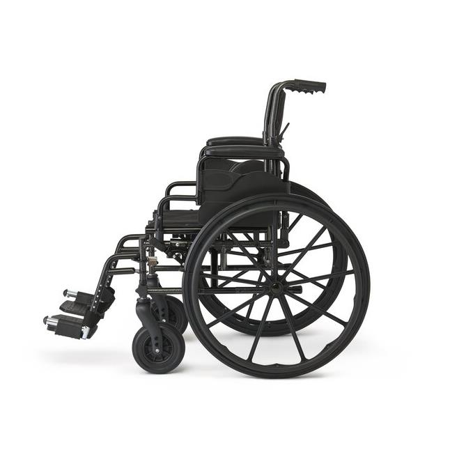 A black manual wheelchair shown from a side profile view against a solid white background.