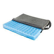 Blue gel seat cushion with gray cover on a white background