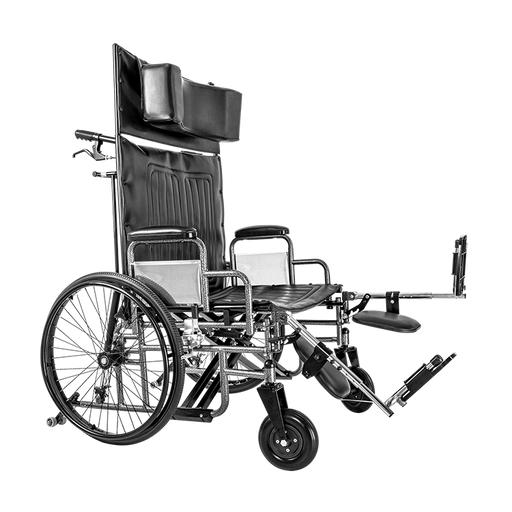 Reclining wheelchair with attached commode on a white background
