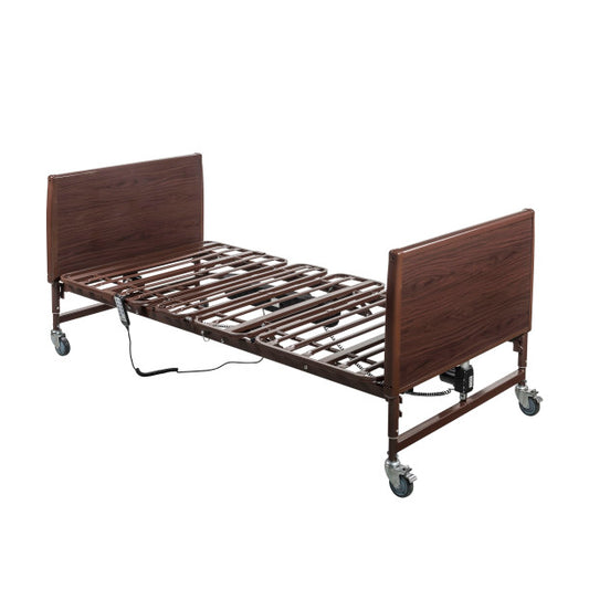 Wooden bed frame with adjustable mechanism on a white background