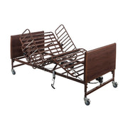 Brown hospital bed with wooden finish on a white background