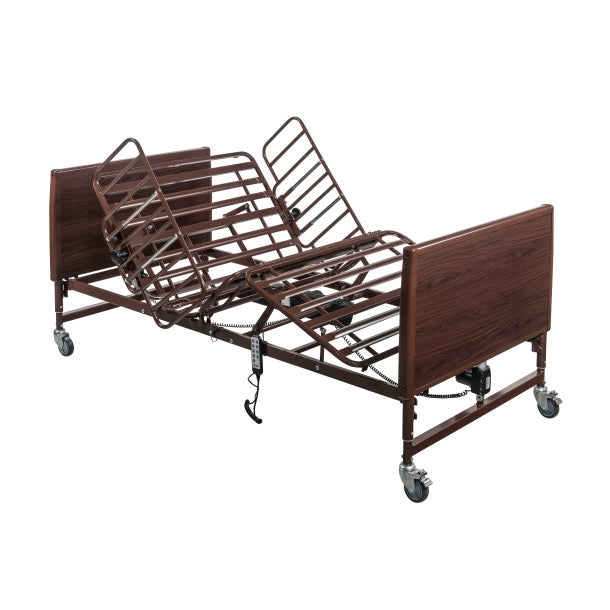 Brown hospital bed with wooden finish on a white background