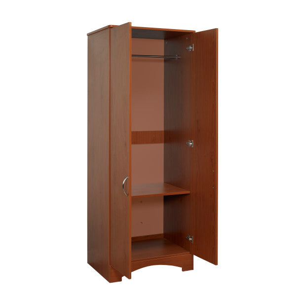 Wooden wardrobe with open doors on a white background