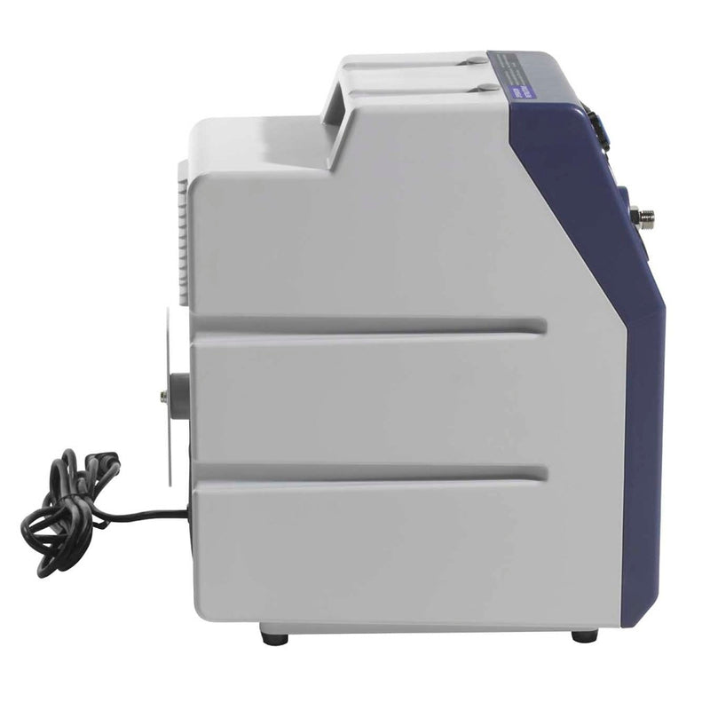 Side view of a gray and blue machine with a power cord on a white background