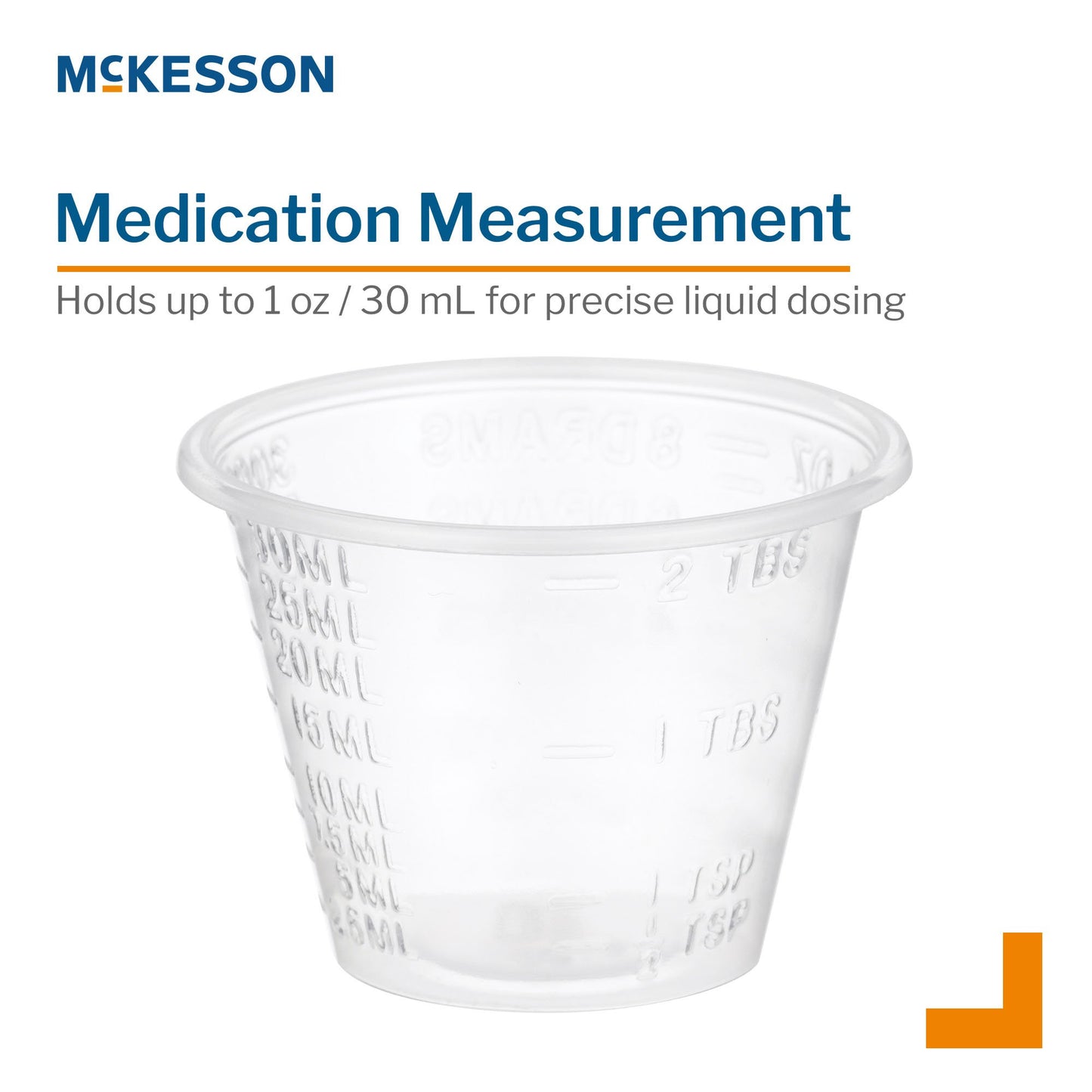 Clear medication measurement cup with McKesson branding on a white background