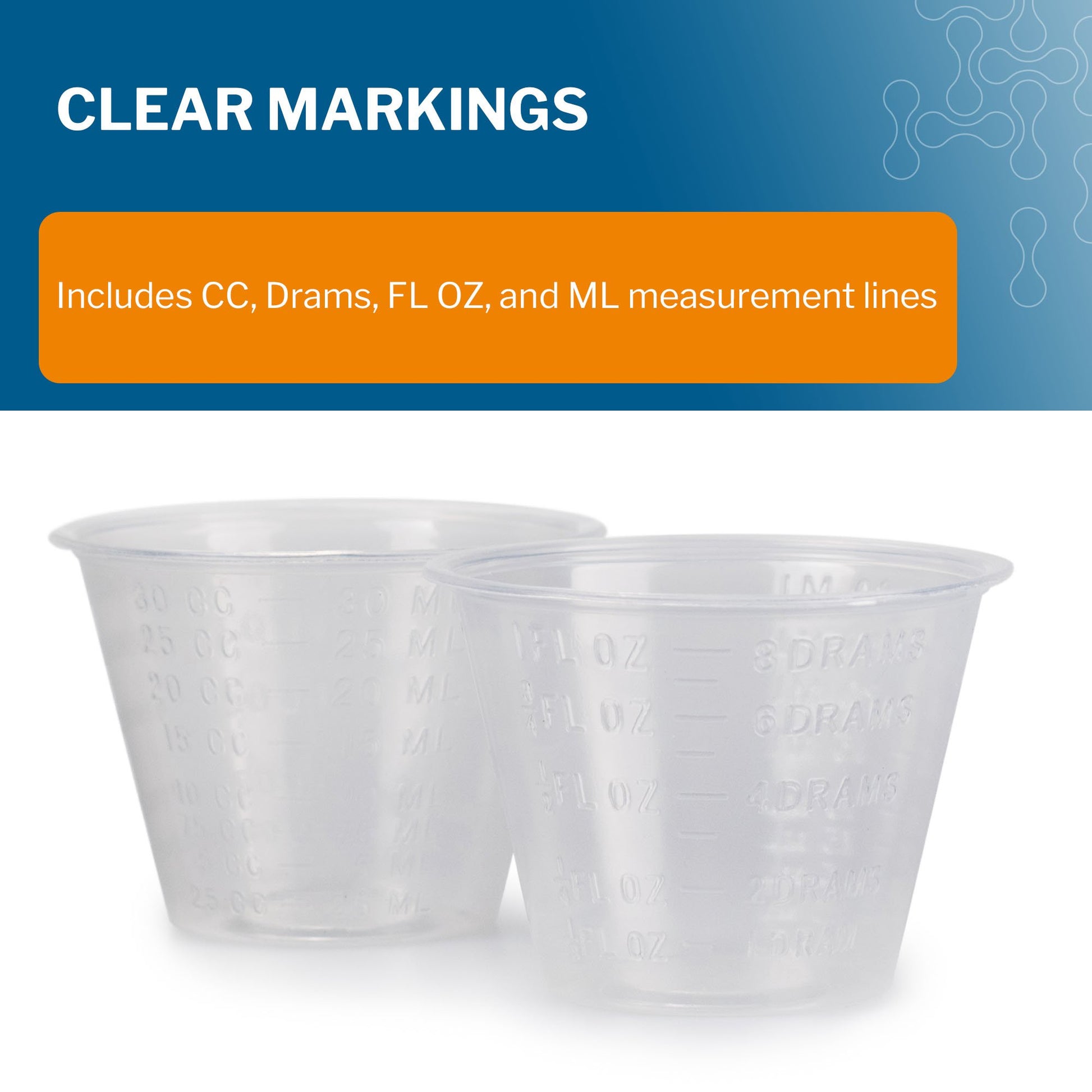 Two clear plastic cups with measurement markings on a white background