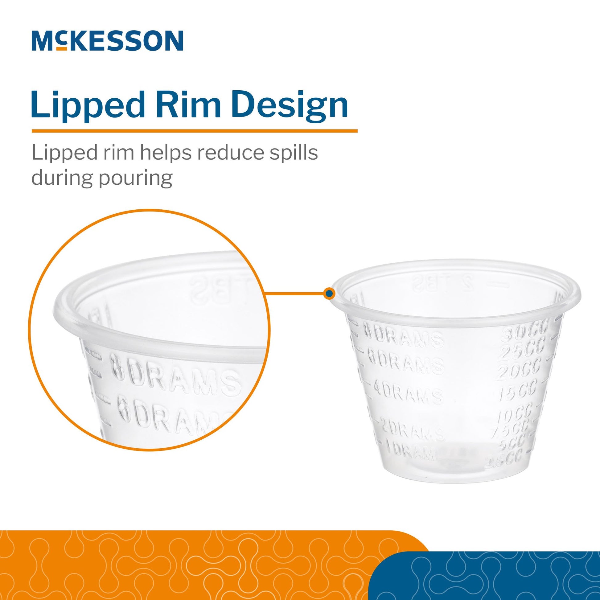 Clear plastic cup with lipped rim design, McKesson branding, and text about reducing spills.