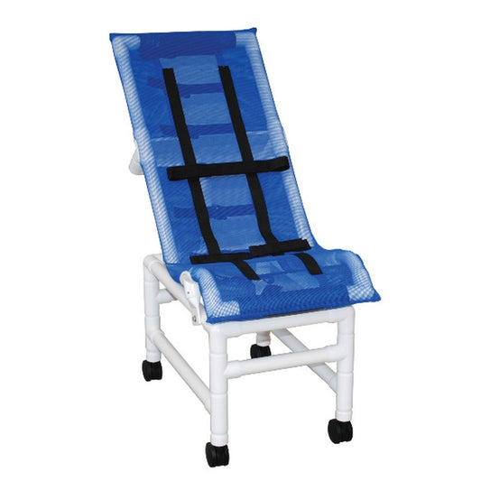 Blue mesh chair with white frame and black accents on a white background