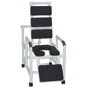 Medical shower chair with black seats and footrest on a white background