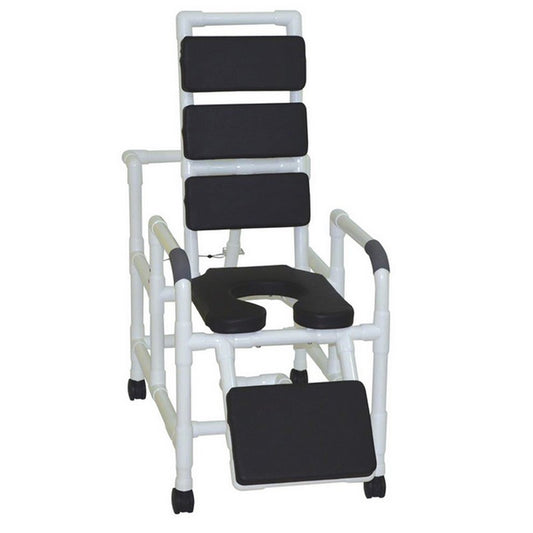 Medical shower chair with black seats and footrest on a white background