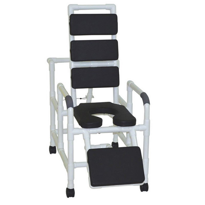Medical shower chair with black seats and footrest on a white background