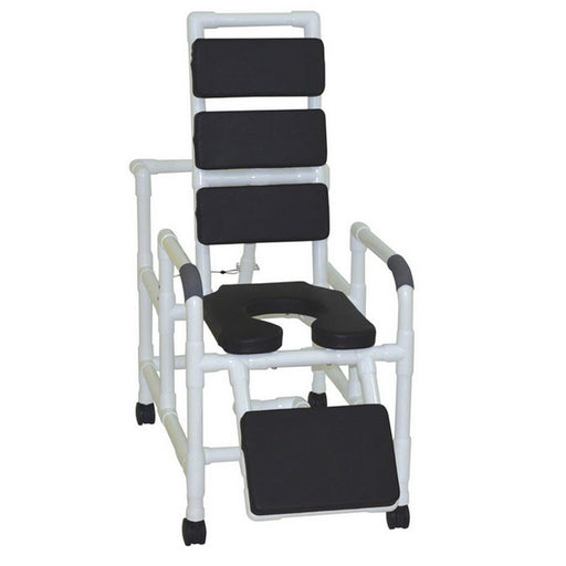 Medical shower chair with black seats and footrest on a white background