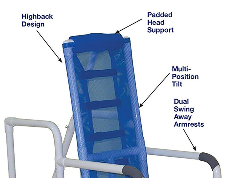 Blue lounge chair with labeled features on a white background