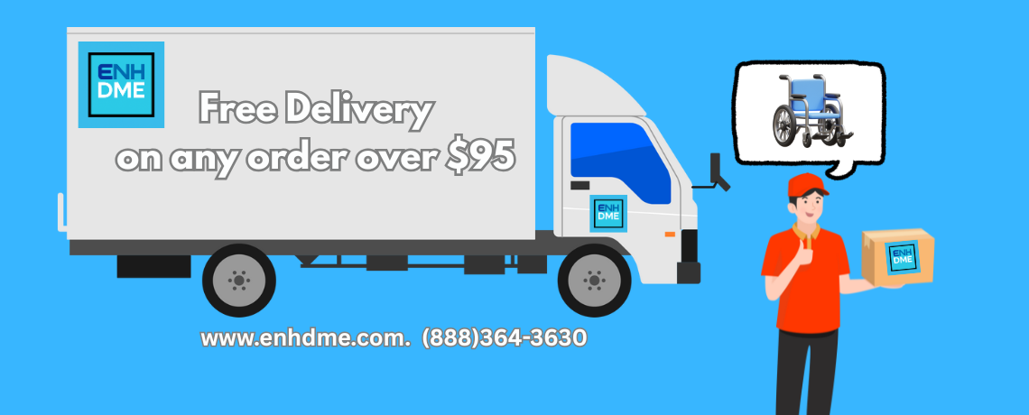 Delivery truck with 'ENH DME' branding and a person holding a box, on a blue background.