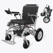 Foldable electric wheelchair with a compact design on a white background