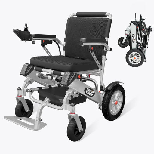 Foldable electric wheelchair with a compact design on a white background
