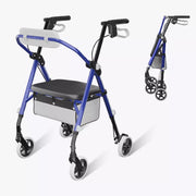 A blue and black rolling walker with a seat, storage basket, and backrest, shown on a clean white background with a smaller folded view in the upper right.