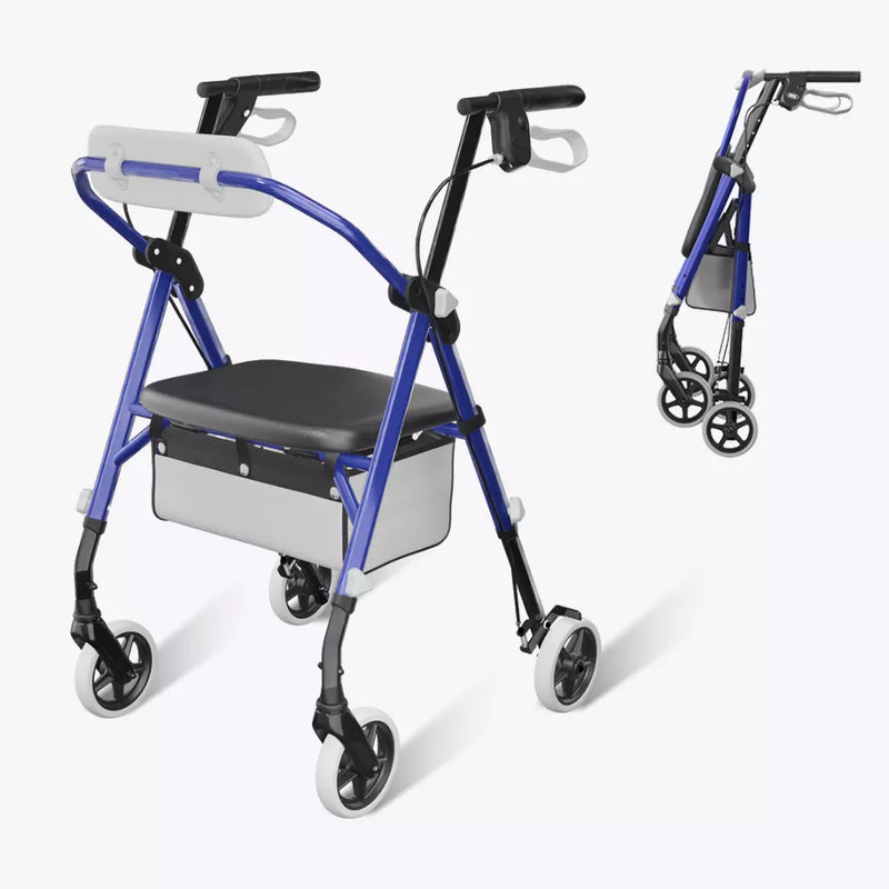 A blue and black rolling walker with a seat, storage basket, and backrest, shown on a clean white background with a smaller folded view in the upper right.