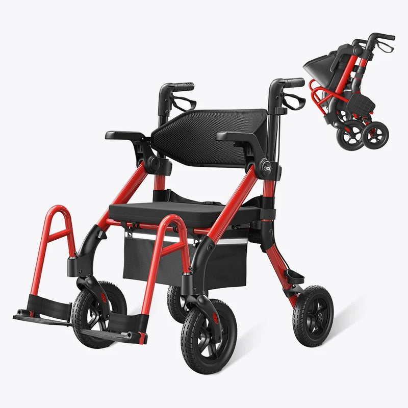 Red and black rollator with a compact stroller attachment on a white background