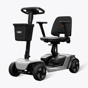 Mobility scooter with a seat and steering wheel on a white background
