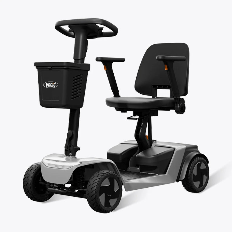 Mobility scooter with a seat and steering wheel on a white background