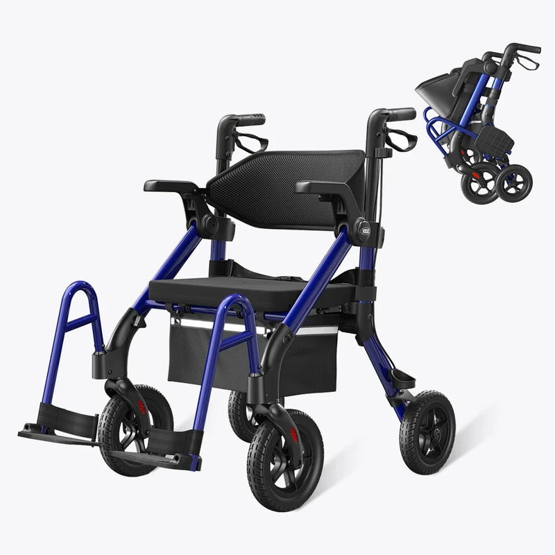 Blue and black rollator with a smaller stroller on a white background