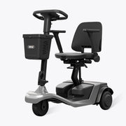 Mobility scooter with a black seat and basket on a white background