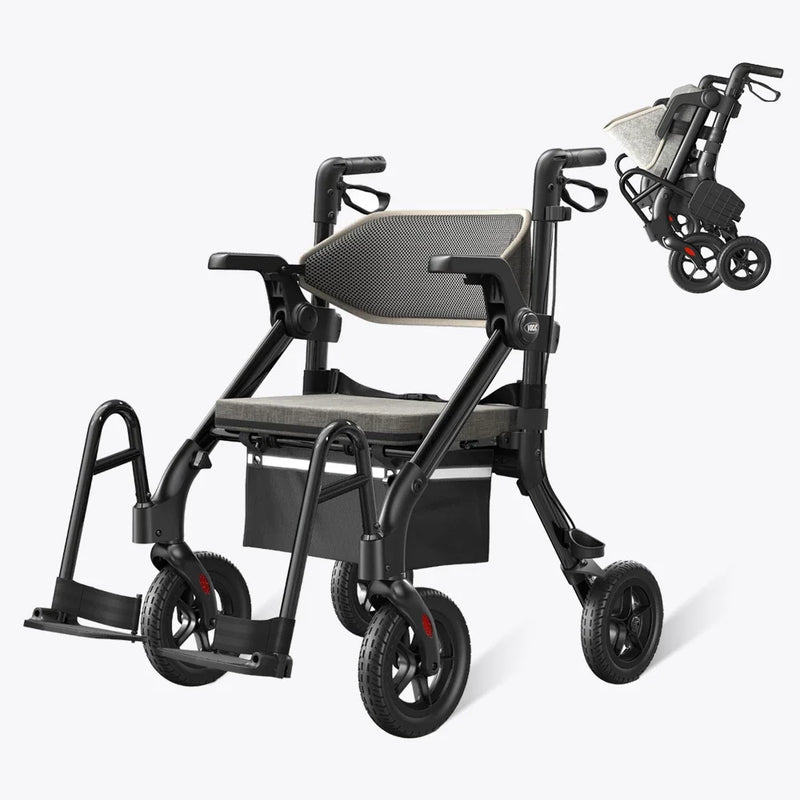 Black rollator with gray seat on a white background