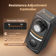 A black stroller brake controller labeled 'Resistance Adjustment Controller' with a large rotary dial, shown on a brown gradient background with feature callouts for adjustable 4-speed resistance and no charging needed.