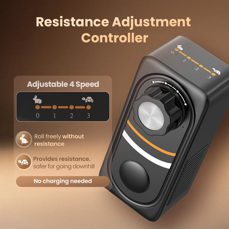 A black stroller brake controller labeled 'Resistance Adjustment Controller' with a large rotary dial, shown on a brown gradient background with feature callouts for adjustable 4-speed resistance and no charging needed.
