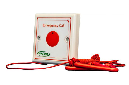 Emergency call device with red button and lanyard on a white background