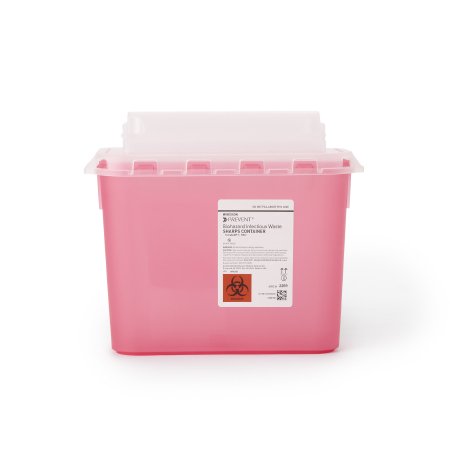 Pink medical waste container with a label on a white background