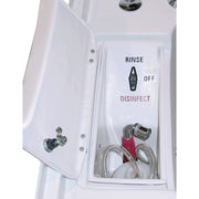 White dental cleaning device with 'Rinse', 'Off', and 'Disinfect' labels on a white background