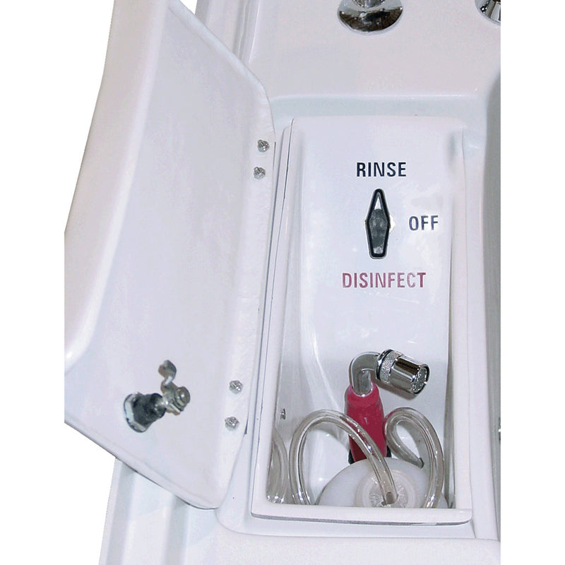 White dental cleaning device with 'Rinse', 'Off', and 'Disinfect' labels on a white background
