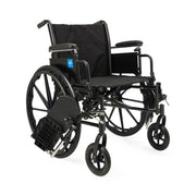 Black manual wheelchair with a blue logo on a white background