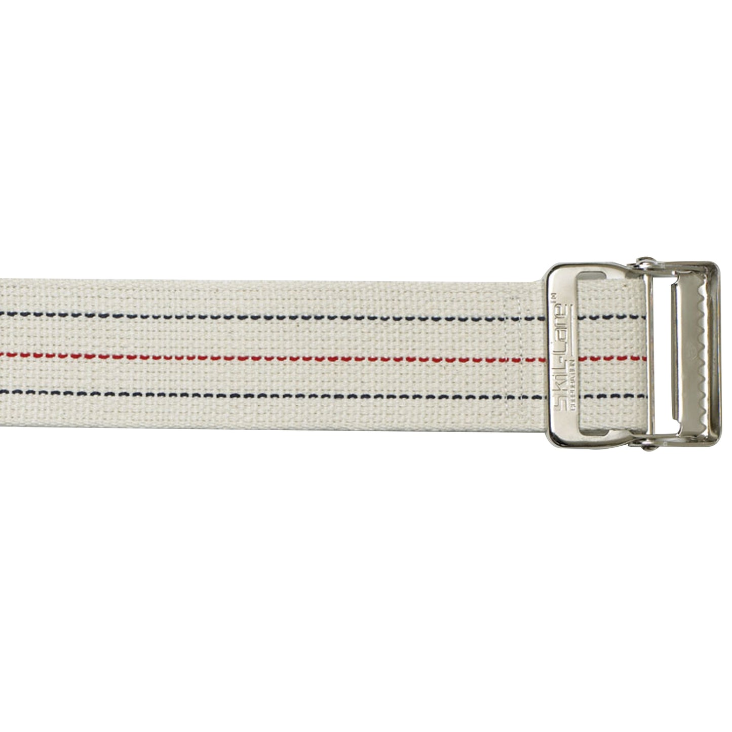 White gait belt with a metal buckle on a white background