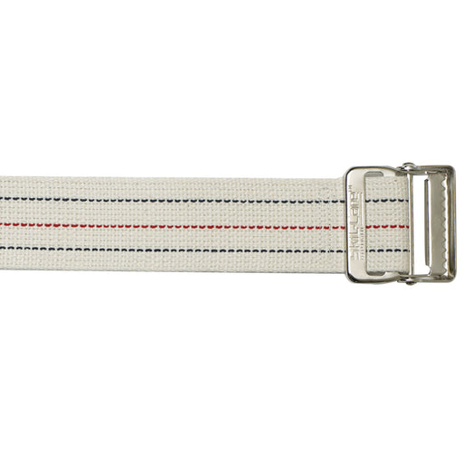 White gait belt with a metal buckle on a white background