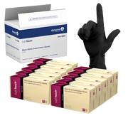 Box of Dynarex Soft Touch Black Nitrile Examination Gloves with a single glove displayed.