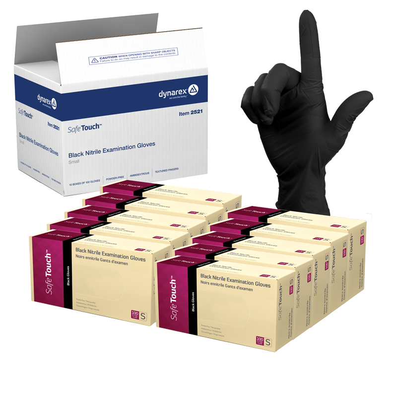 Box of Dynarex Soft Touch Black Nitrile Examination Gloves with a single glove displayed.