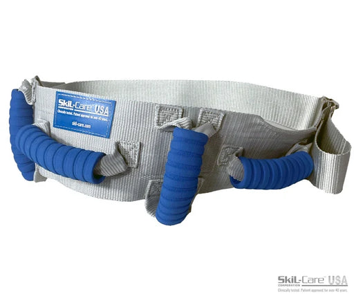 A gray nylon lifting belt with blue foam handles and a blue brand label reading Skill-Care USA, shown on a white background.