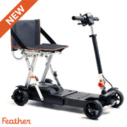 Black scooter with chair attachment on a white background, featuring the brand 'Feather'.