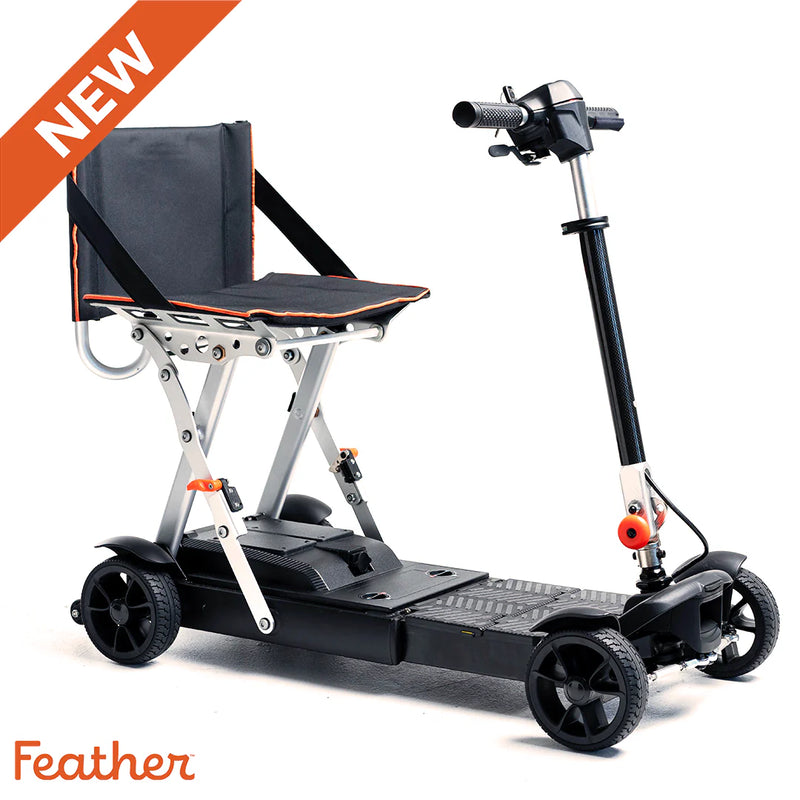 Black scooter with chair attachment on a white background, featuring the brand 'Feather'.