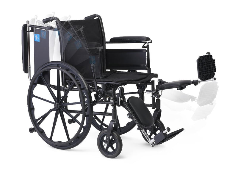 Black wheelchair with armrests and footrests on a white background