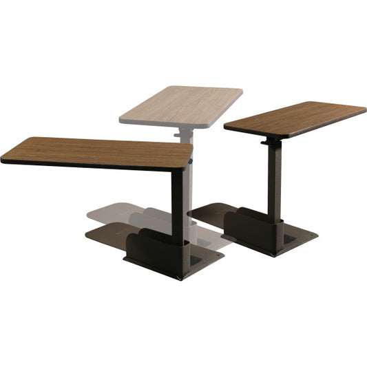 Three adjustable height tables with different finishes on a white background