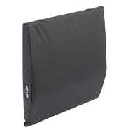 Black wedge-shaped cushion with a brand logo on a white background