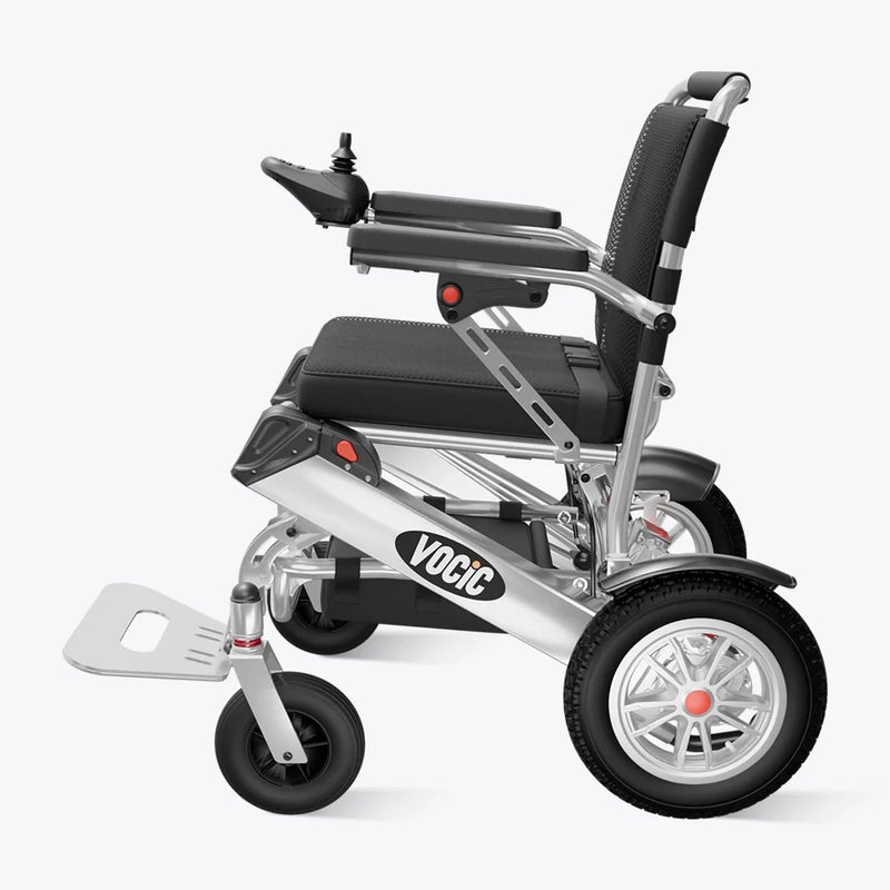 Portable electric wheelchair with 'Vocic' branding on a white background