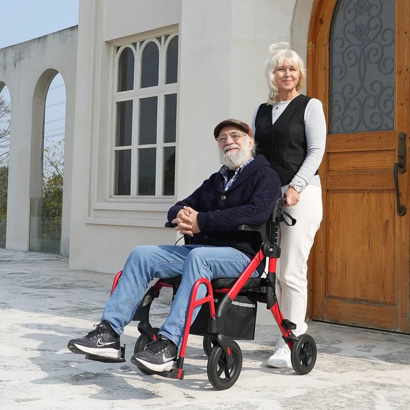 woman pushing man in rollator chair