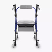 A blue and gray rollator walker with a seat, armrests, and hand grips, shown from the front on a light gray background.
