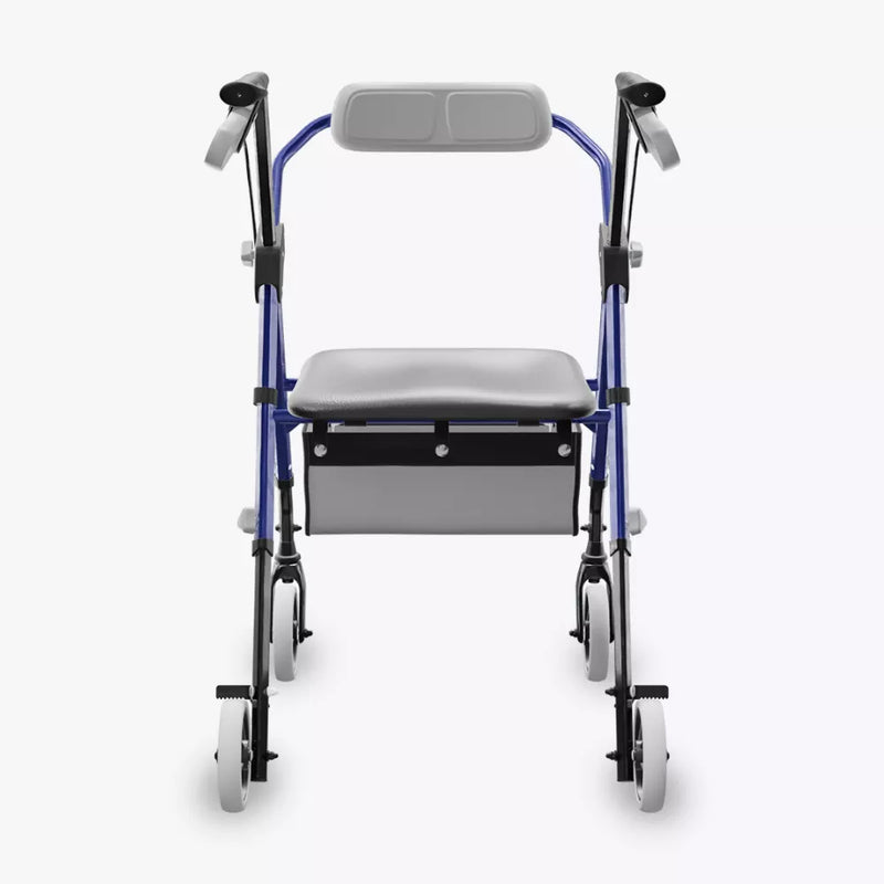 A blue and gray rollator walker with a seat, armrests, and hand grips, shown from the front on a light gray background.