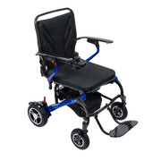 A black and blue electric power wheelchair with a high backrest, armrests, three wheels, and a footrest, shown on a plain white background.